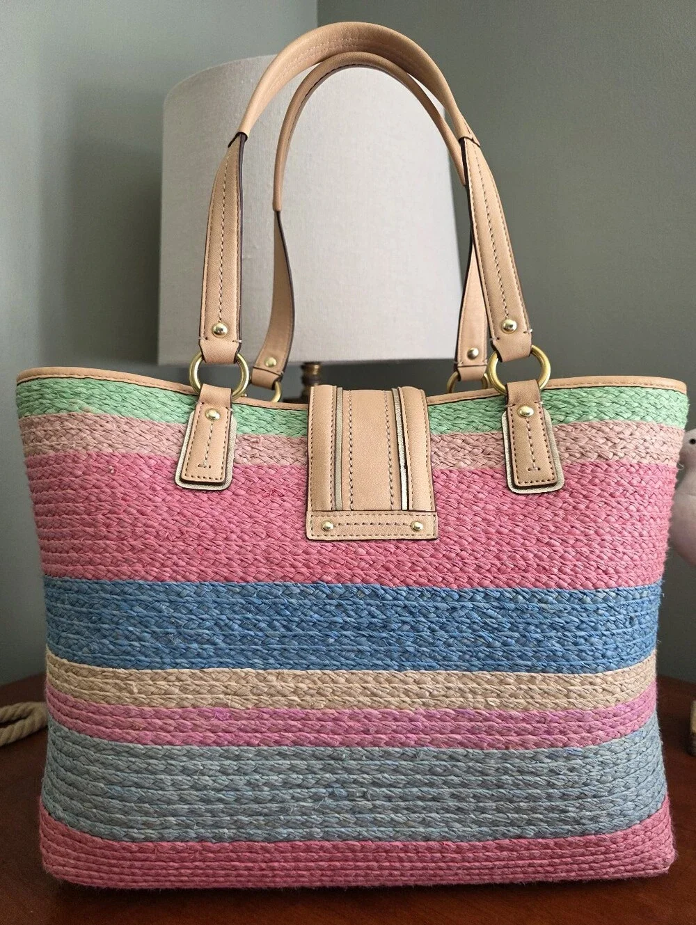 Coach 19361 Hamptons Multicolor Striped Straw Tote Bag Pink Blue Tan Leather Y2K